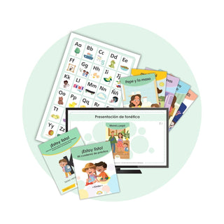 Materials from the Hola Books foundational skills program, including the alphabet chart, teacher guide, practice notebook and phonics slides