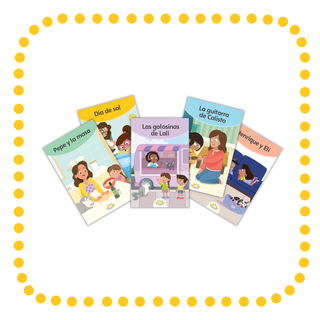 Fan of five Hola Books decodable readers showing their covers and titles
