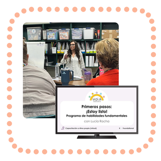 Lucia Rocha leading a professional learning session beside a Primeros pasos training slide