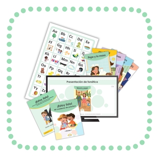 Materials from the Hola Books foundational skills program, including the alphabet chart, teacher guide, practice notebook and phonics slides