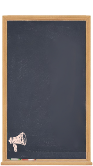 Chalkboard with wooden frame and a small drawing of a megaphone on a white background