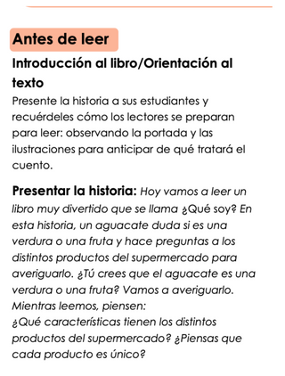 Text in Spanish about introducing a book and presenting a story to students