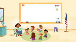 A cartoon classroom scene showing a teacher sitting on a chair by a whiteboard with several children gathered on a round rug in front of her. An American flag stands on a pole to the right, and a small desk with a globe is on the left.