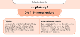 A section from the Kindergarten Léeme teacher's guide that provides teacher with a clear objective  and kick off to the book for day 1. All text is in Spanish.