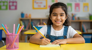 Young girl sitting at a desk in a classroom with colorful pencils and a notebook.