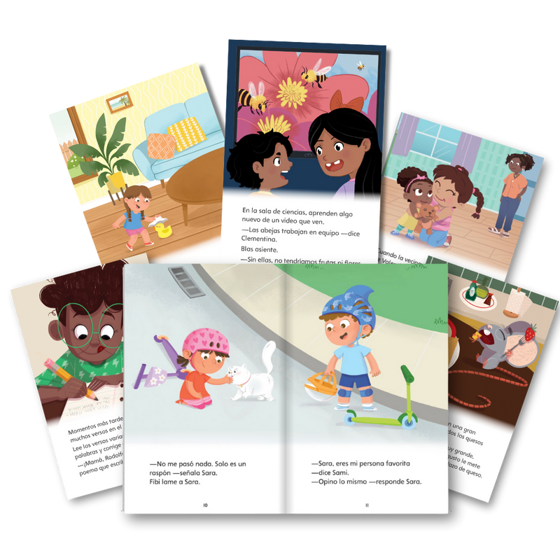 Examples of reading pages from a few decodable books. This shows how the text builds from kindergarten to second grade.