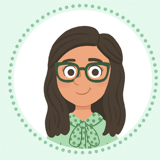 Illustration of a Lucía Rocha , founder and CEO, with glasses and a green polka dot shirt on a light green background