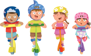 Four Hola characters, Coco, Sami, Ema, and Sara, enjoying a ride on their scooters. 