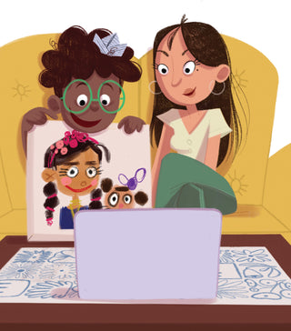 Illustration of Félix and his mom sitting on a couch with a laptop in front of them sharing his artwork.