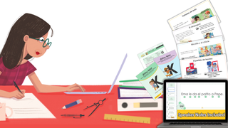 Illustration of a teacher studying the Foundational Skills Program with educational materials and a laptop on a desk.