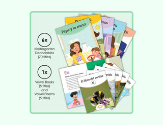 A display of 5 decodable book and the vowel sound books and vowel poems that are part of the Kindergarten ¡Estoy listo! Foundational Skills program.  This shows that you will receive 6 copies of 70 decodable books and 1 copy of each poem and each sound book. 
