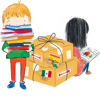 Illustration of a child carrying a stack of books and another child reading a book next to two packages.