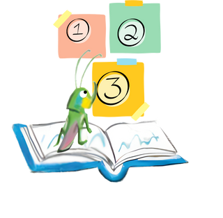 Illustration of a grasshopper next to an open book with numbers on colorful cards above.