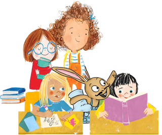 Illustration of happy children and a rabbit character sitting together in a classroom, with books and writing materials.