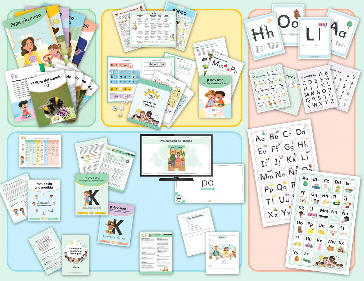Educational materials including worksheets, posters, and a computer screen on a light blue background
