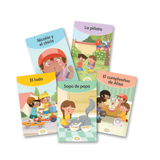 Group of five decodable books from the kindergarten collection with colorful covers and character illustrations.

