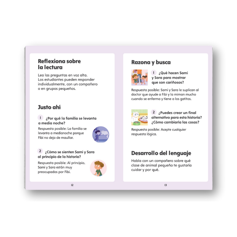 Examples of the Checks for Understanding page in the Hola  Decodable books. This page gives readers a chance to respond to questions about the book and show what they know. 