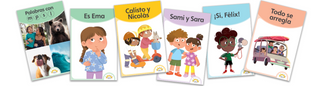 Set of children's hardcover decodable books with colorful covers featuring different characters from Hola Books.