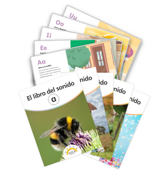 A display of the 5 vowel sound books and 5 vowel poems used in the kindergarten foundational skills program.