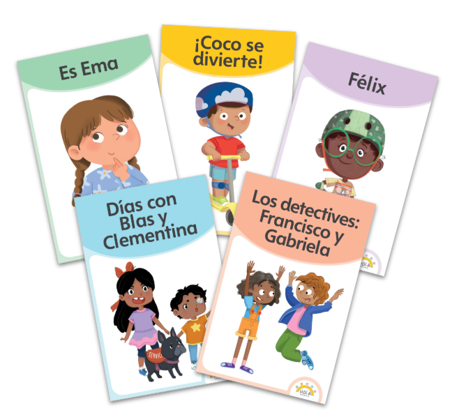 Set of hardcover decodable books with Hola characters on a white background