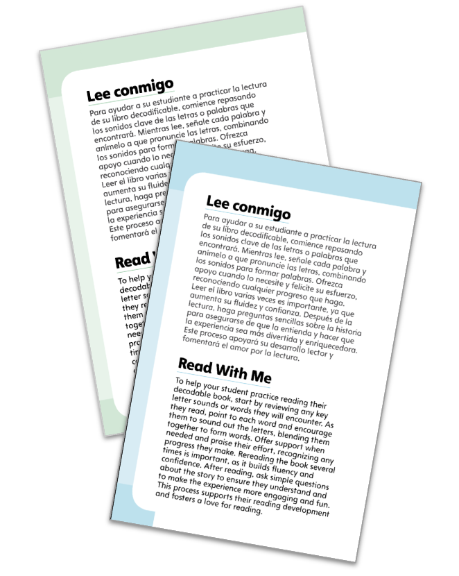 Example pages from a Hola hardcover decodable book. This page, Lee comingo,  is a message for a child's caregiver on ways to support their child's reading. 