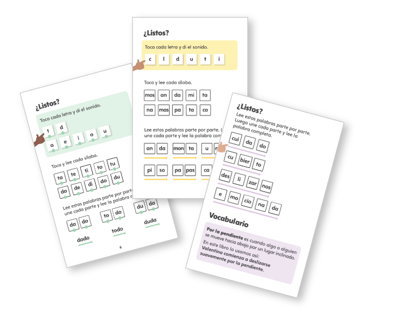 Examples of the ¿Listos? page in the hardcover decodable book. This page gives the student a chance to practice the letters/sounds/syllables/words in this book.