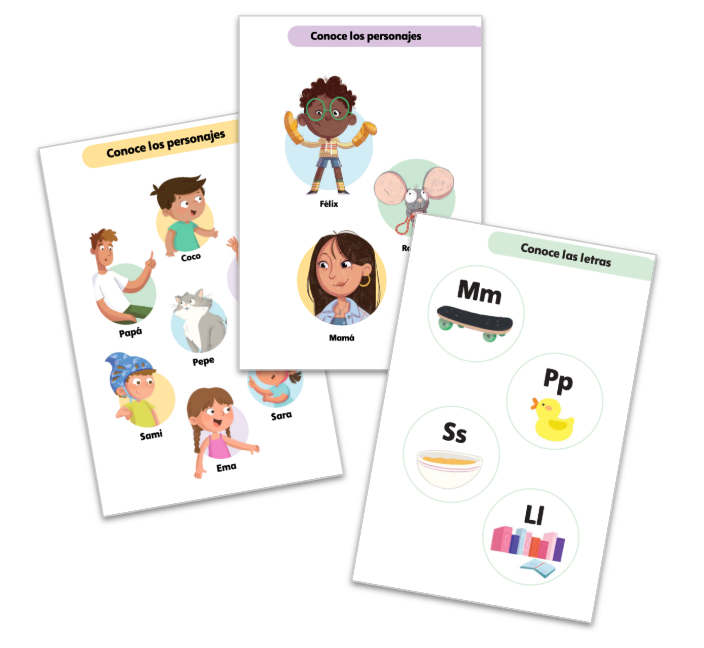 Examples of the Conoce los personajes page in the Hola Hardcover Decodable books. This page gives readers a sneak-peak of the characters in the stories to build familiarity. 