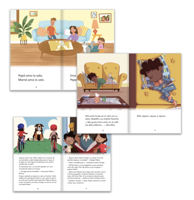 Examples of reading pages from a Hardcover Decodable Book. This shows how the text builds over to time.