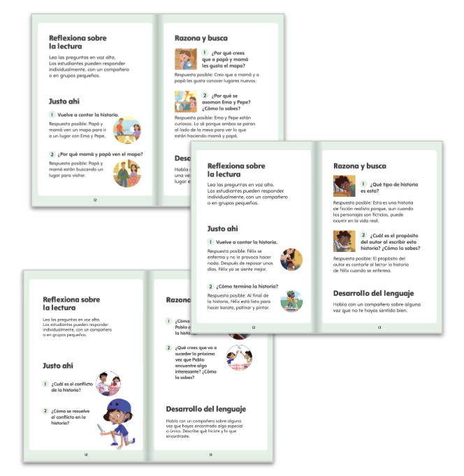 Examples of the Checks for Understanding page in the Hola Hardcover Decodable books. This page gives readers a chance to respond to questions about the book and show what they know. 