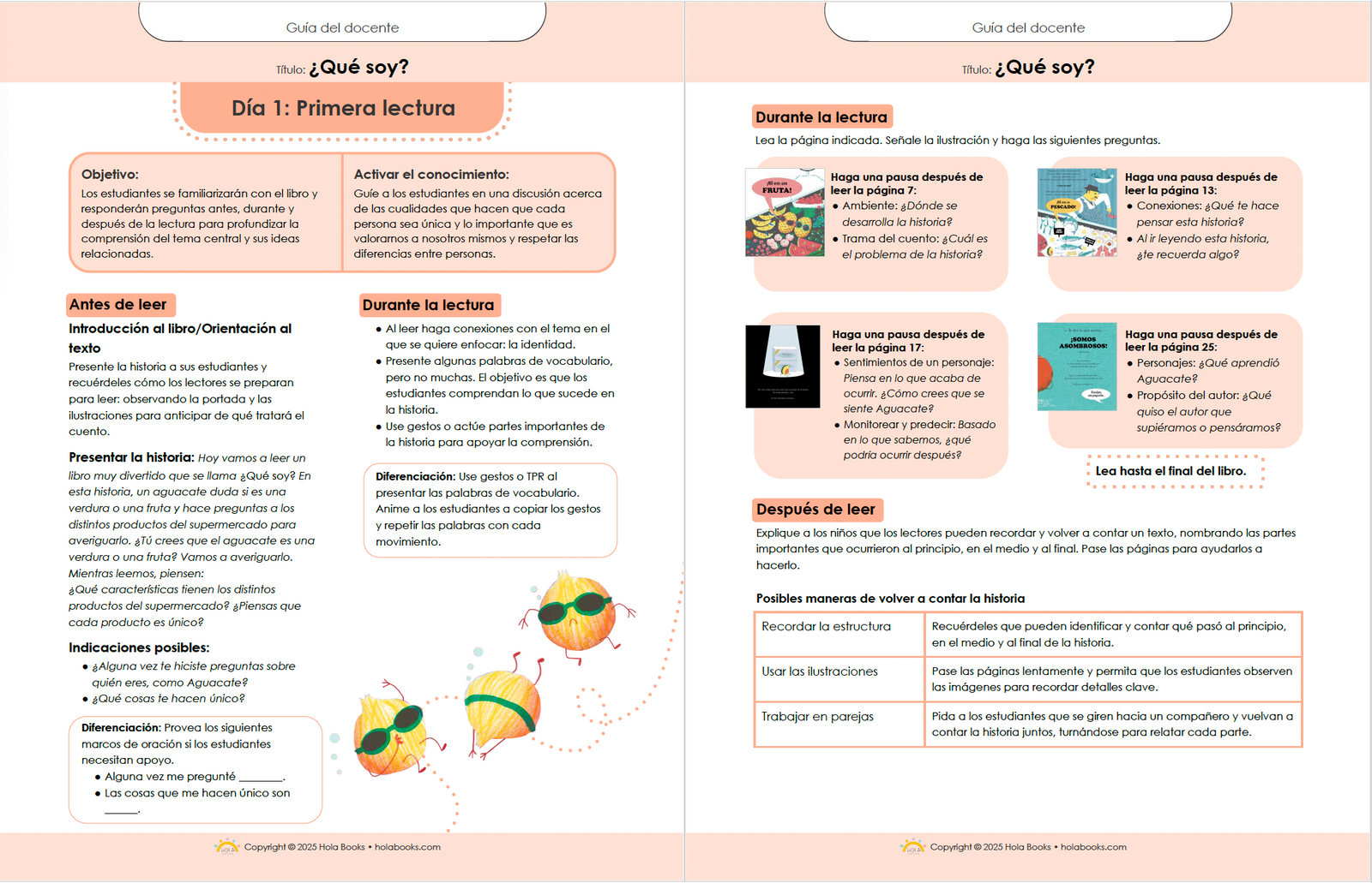 A page from the teacher's guide from the Kindergarten Léeme Collection. This is Day 1 instruction for the book  ¿Qué soy?