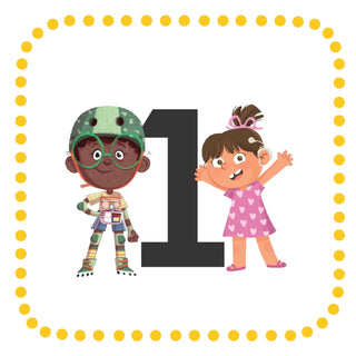 Illustration of  two first grade characters, Félix and Sara, with the number 1 to represent Grade 1'
