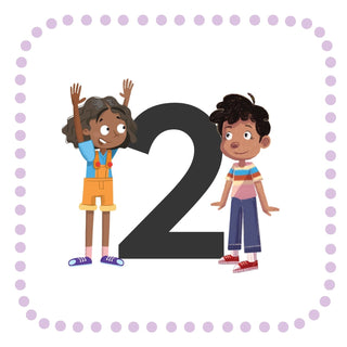 Illustration of  two second grade characters, Gabriela and Pablo, with the number 2 to represent the second grade. 