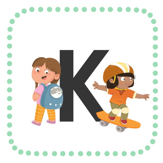Illustration of  two kindergarten characters, Ema and Calisto, with a capital letter 'K' to represent kindergarten.