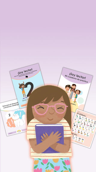 Illustration of a child holding a book with educational cards in the background on a light purple background