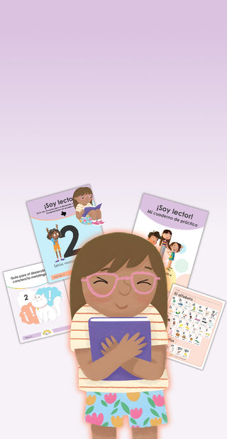 Illustration of a girl holding a book with educational materials on a light purple background