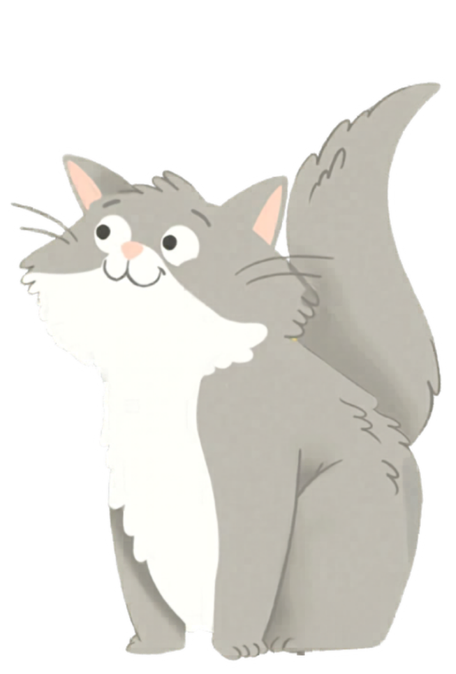 Cartoon gray cat with a white chest on a white background