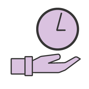 Purple icon of a hand holding a clock to represent self-paced learning. 
