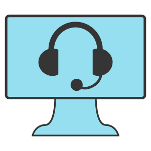 Computer monitor with a headset icon on a light blue background to represent live virtual learning.
